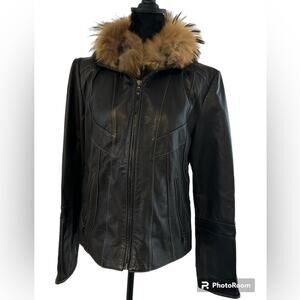 Womens Leather & Fur Collar Jacket Mob Wives Biker Moto Size M Espresso